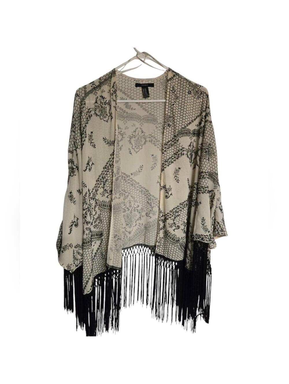 Forever 21 Sheer Kimono 3/4 Sleeve Fringe Open Top S/M